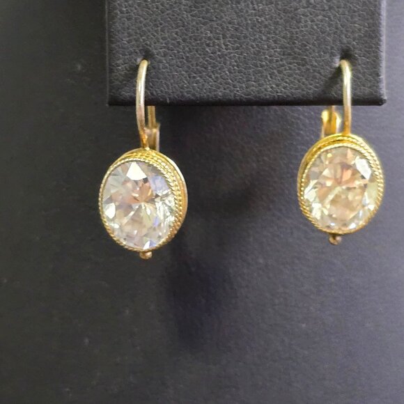 Gold-Tone 925 Sterling Silver Oval Crystal Dangle Earrings Lever back - Picture 6 of 11